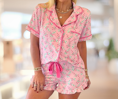 Candy Cane Collared Neck, Button Down Top and Shorts Lounge Set - SV Boutique & Co.