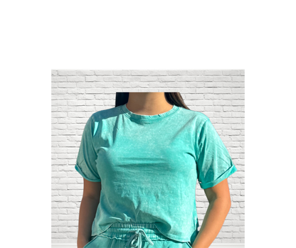 COOL TIDE ACID WASH ROLL-CUFF SHORT SLEEVE CROP TOP - SV Boutique & Co.