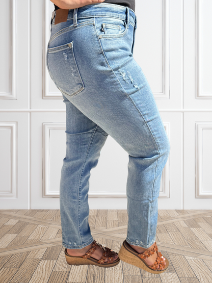 Judy Blue "Rebel" Hi-Waist Destroy & Back Hem Dart Slim Denim Jeans