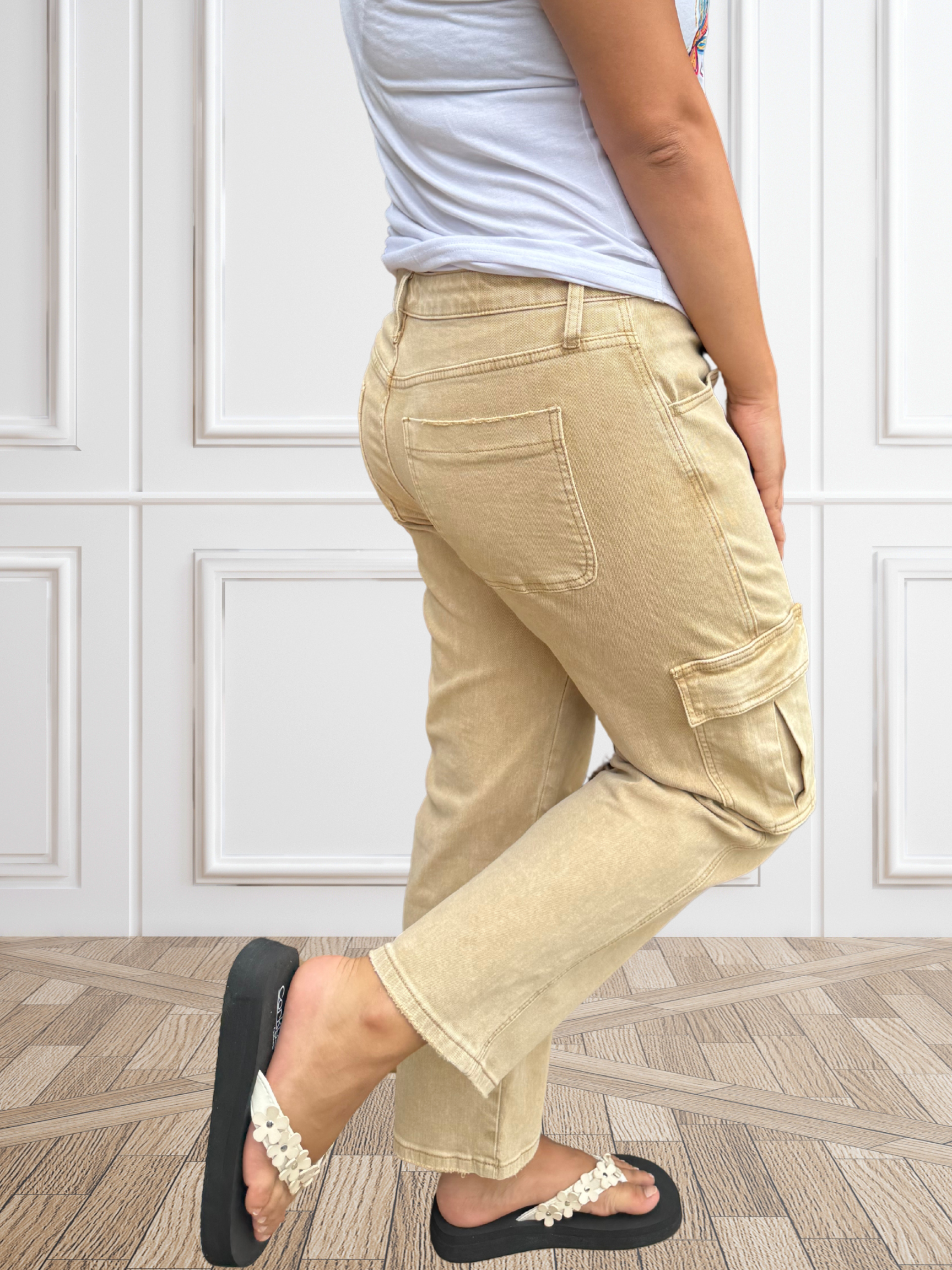 Vervet Khaki High Rise Relaxed Straight Cargo Ankle Jeans - SV Boutique & Co.