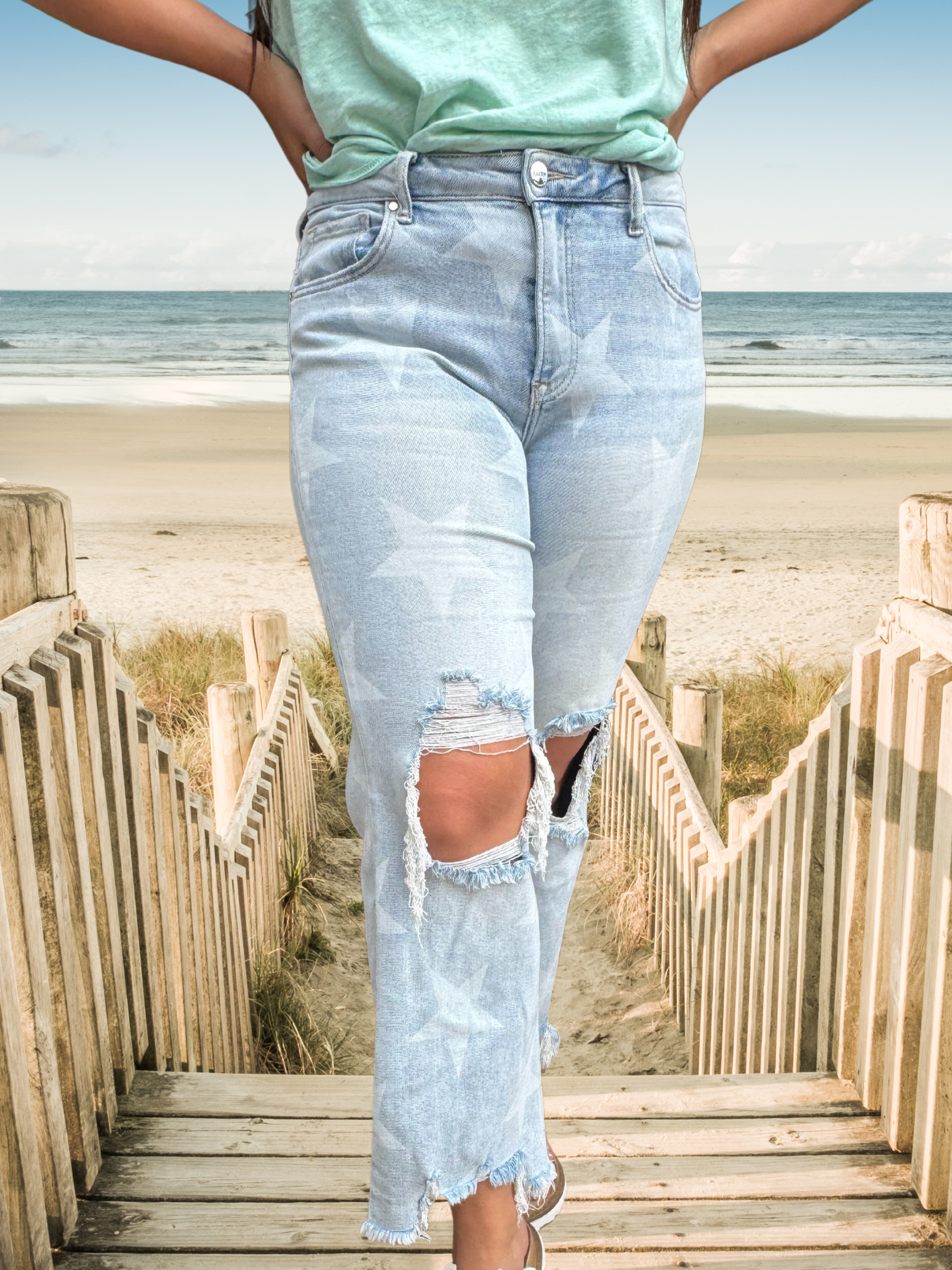 RISEN HIGH RISE STAR PRINTED STRAIGHT CROP JEANS - SV Boutique & Co.