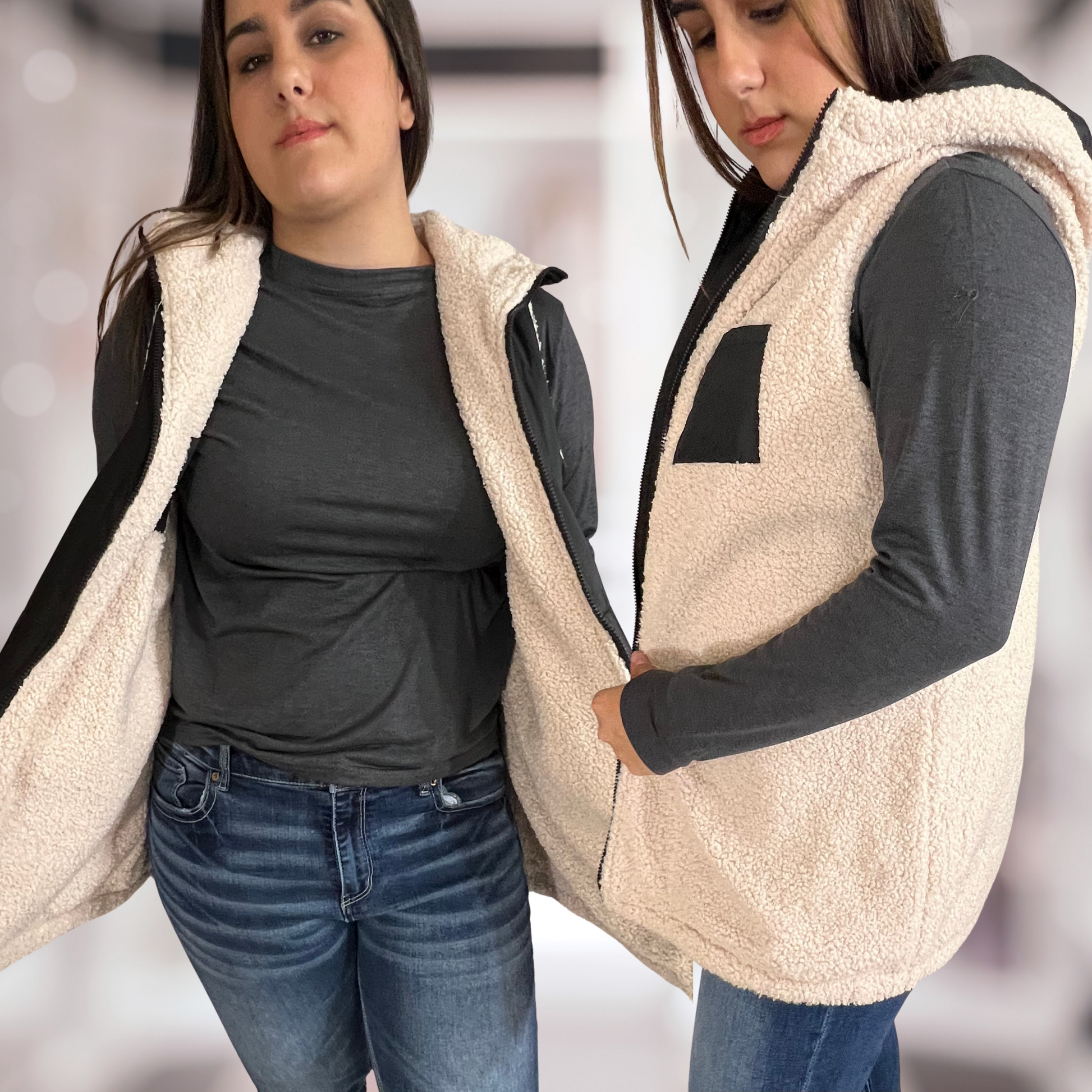 Black Fleece Hooded Sleeveless Vest, Reversible - SV Boutique & Co.