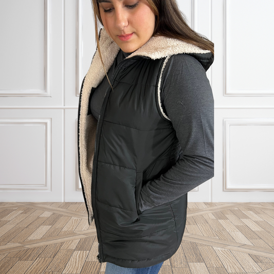 Black Fleece Hooded Sleeveless Vest, Reversible - SV Boutique & Co.