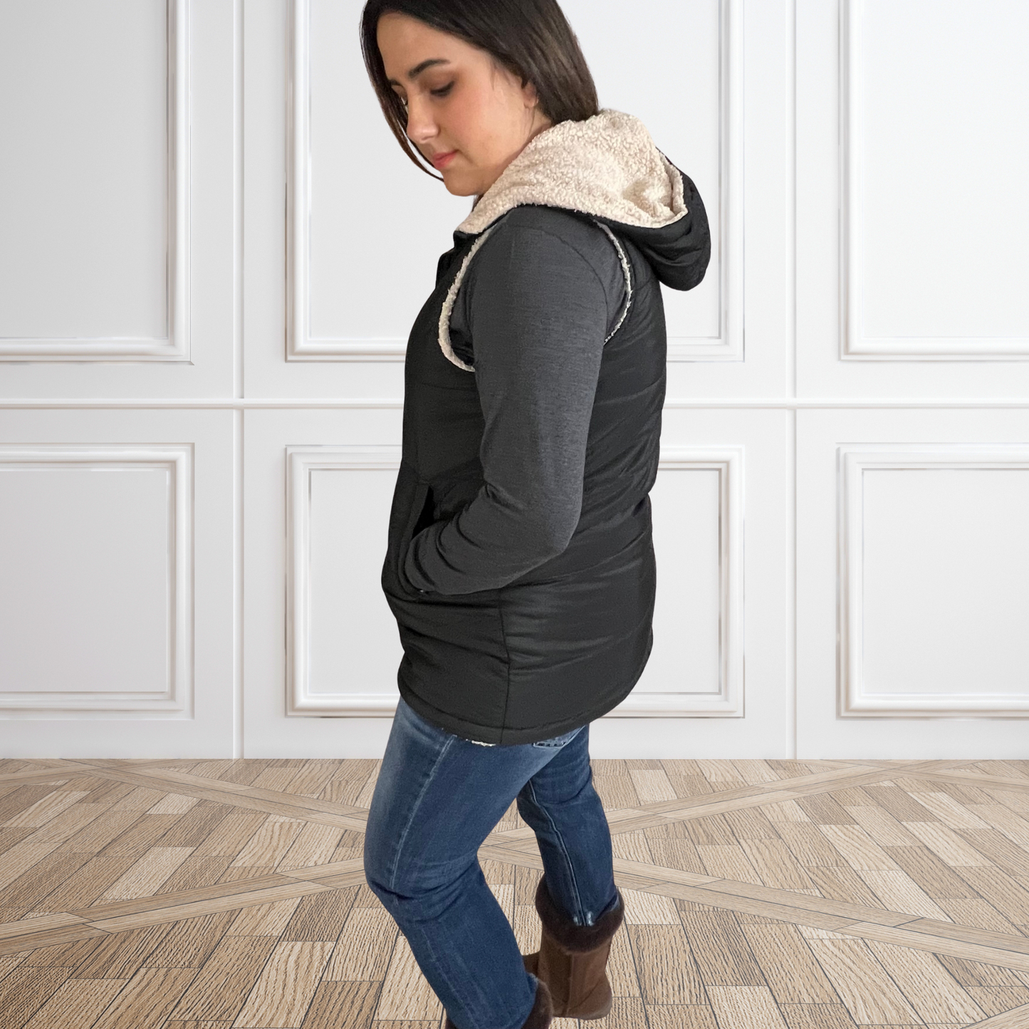 Black Fleece Hooded Sleeveless Vest, Reversible - SV Boutique & Co.