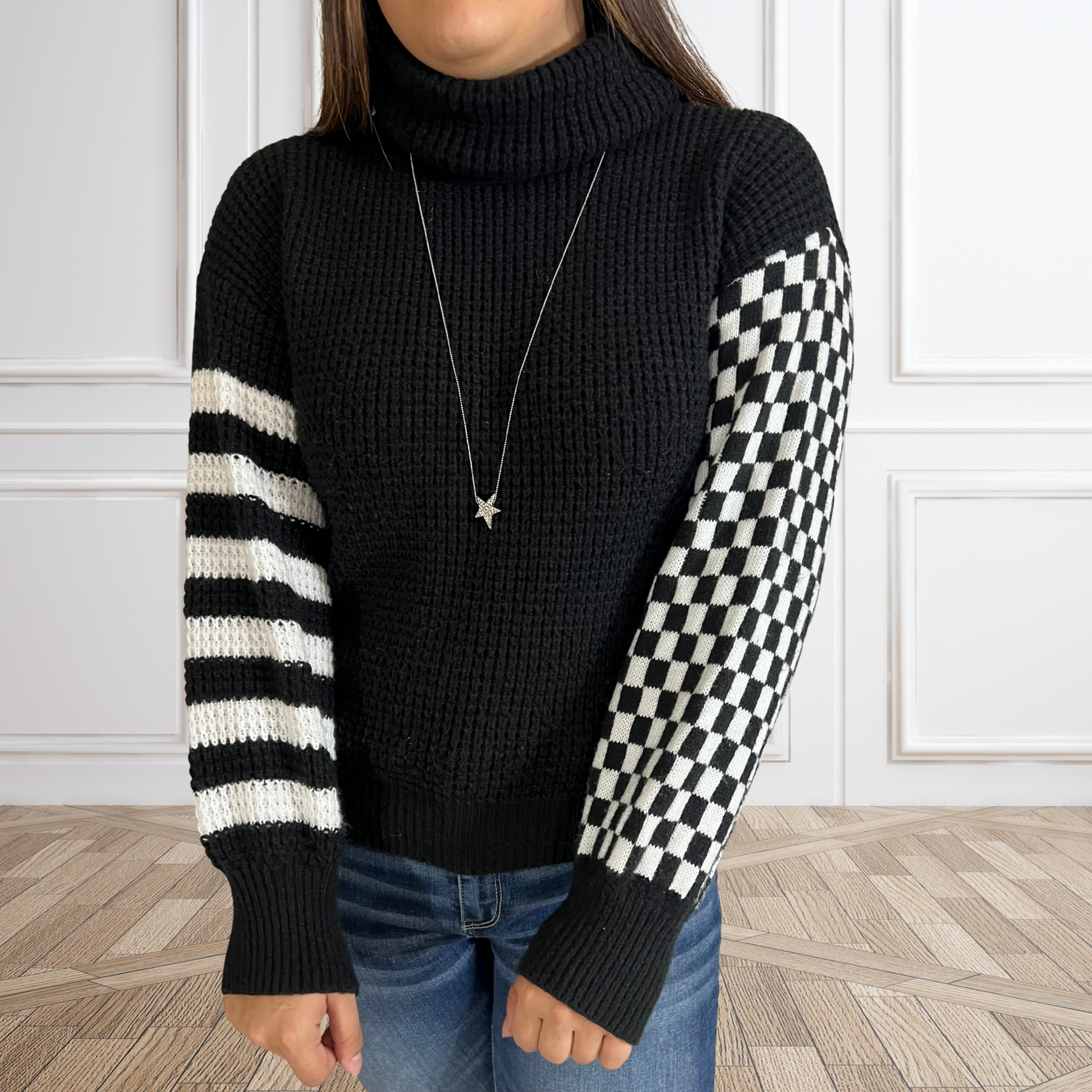Check Please Turtle Neck Waffle Knitted Sweater Black - SV Boutique & Co.