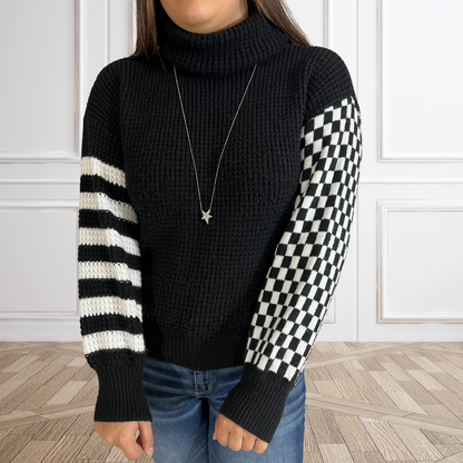 Check Please Turtle Neck Waffle Knitted Sweater Black - SV Boutique & Co.
