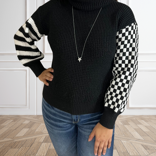 Check Please Turtle Neck Waffle Knitted Sweater Black - SV Boutique & Co.