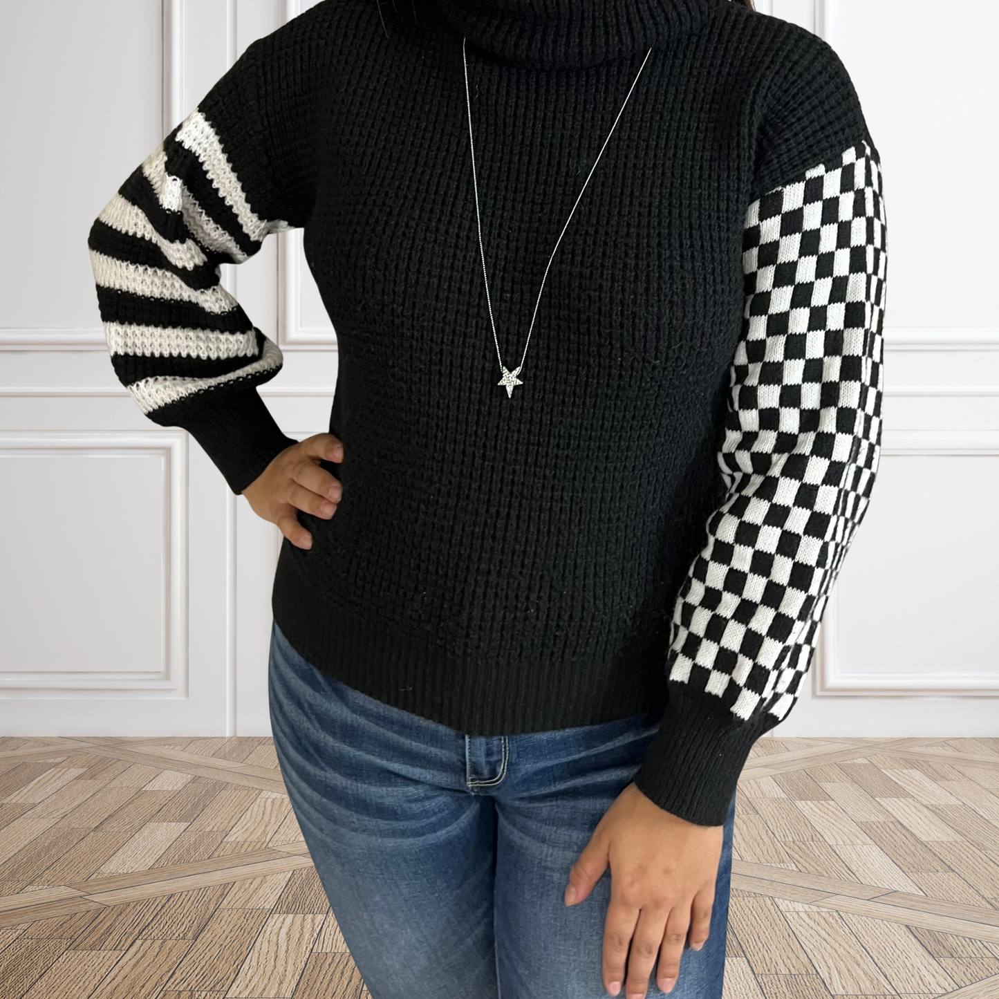 Check Please Turtle Neck Waffle Knitted Sweater Black - SV Boutique & Co.