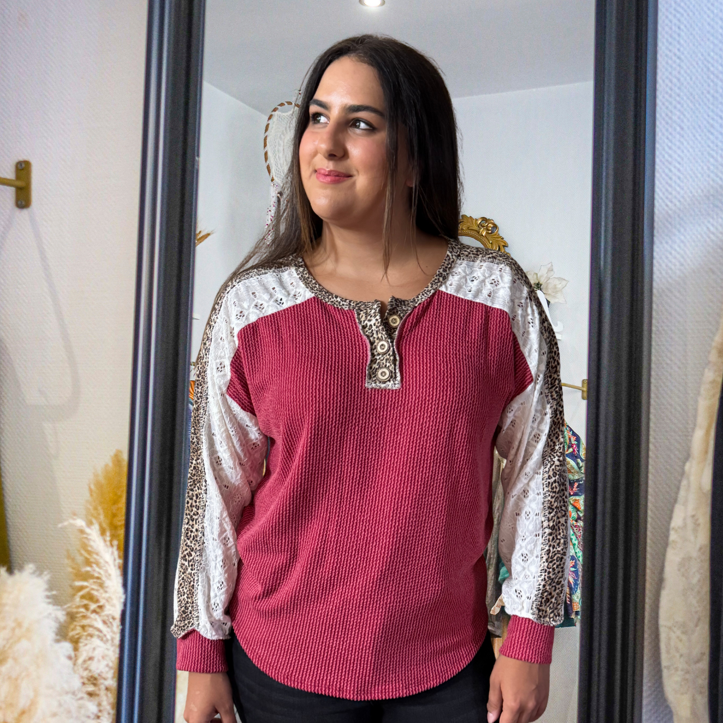 Long Sleeve On The Edge Half Button Burgundy Pullover