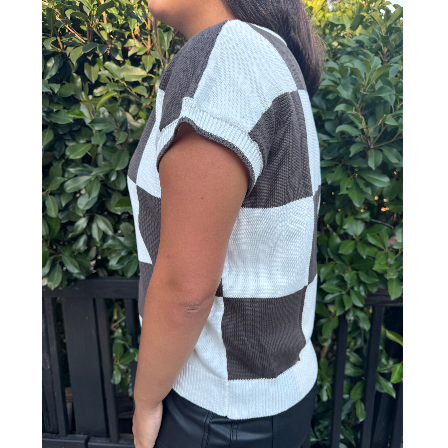 Cozy Checkered Short Sleeve Knit Top