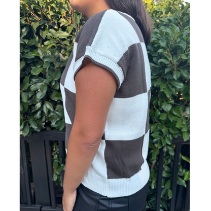 Cozy Checkered Short Sleeve Knit Top