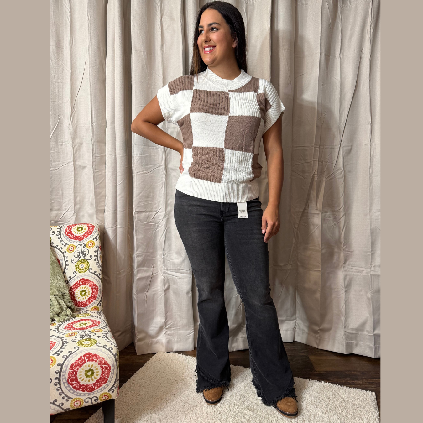 Khaki Checkered Short Sleeve Sweater