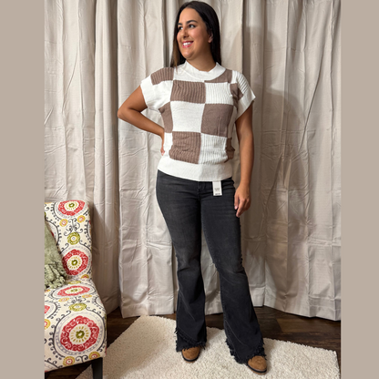 Khaki Checkered Short Sleeve Sweater