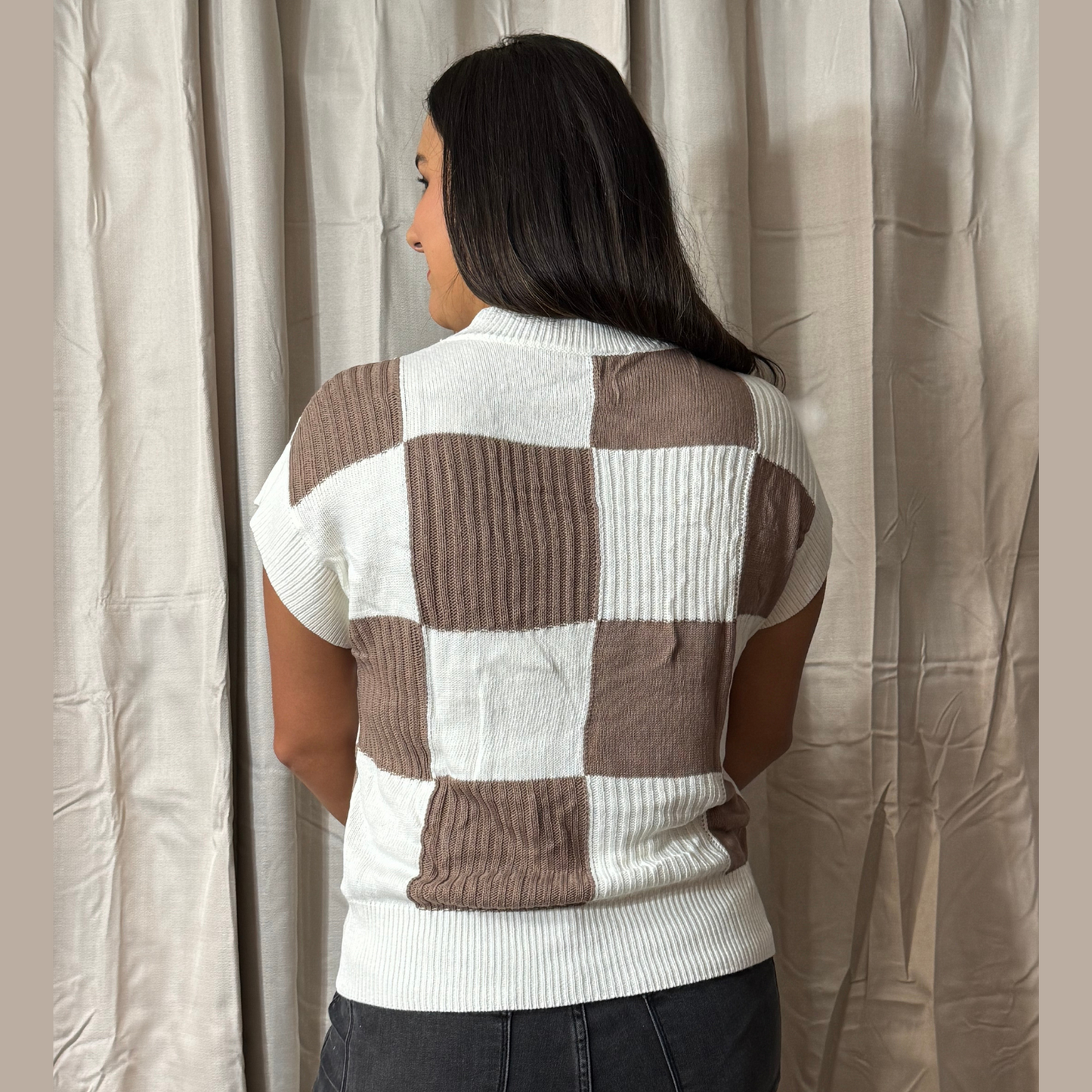 Khaki Checkered Short Sleeve Sweater