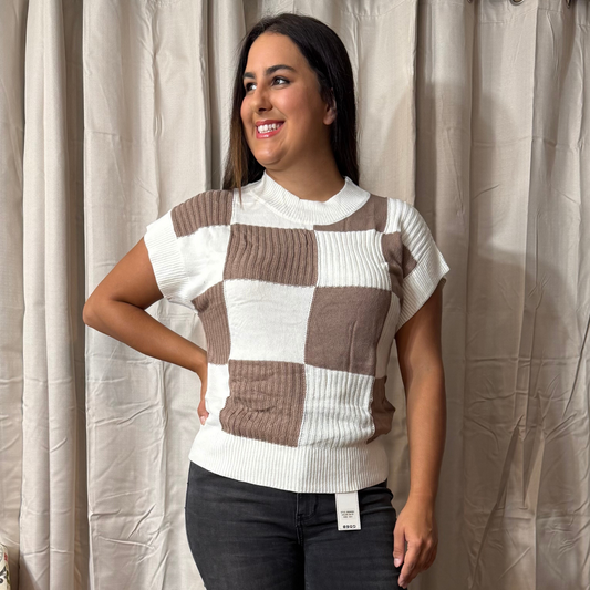 Khaki Checkered Short Sleeve Sweater