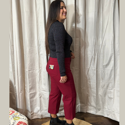 Mid-Rise Merlot Hyper-stretch Wide Leg Cropped