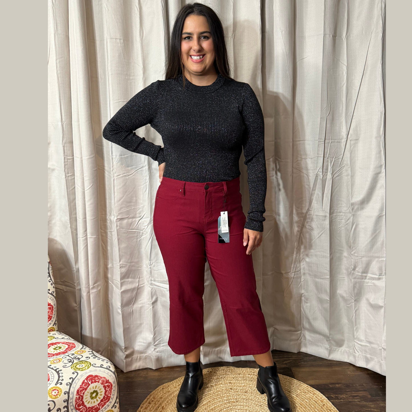 Mid-Rise Merlot Hyper-stretch Wide Leg Cropped