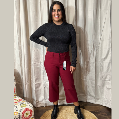 Mid-Rise Merlot Hyper-stretch Wide Leg Cropped