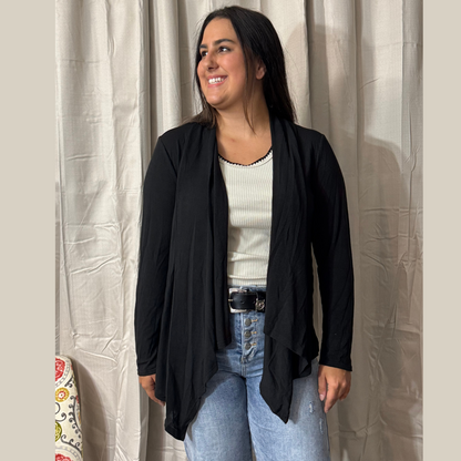 Soft Drape Open Front Black Cardigan