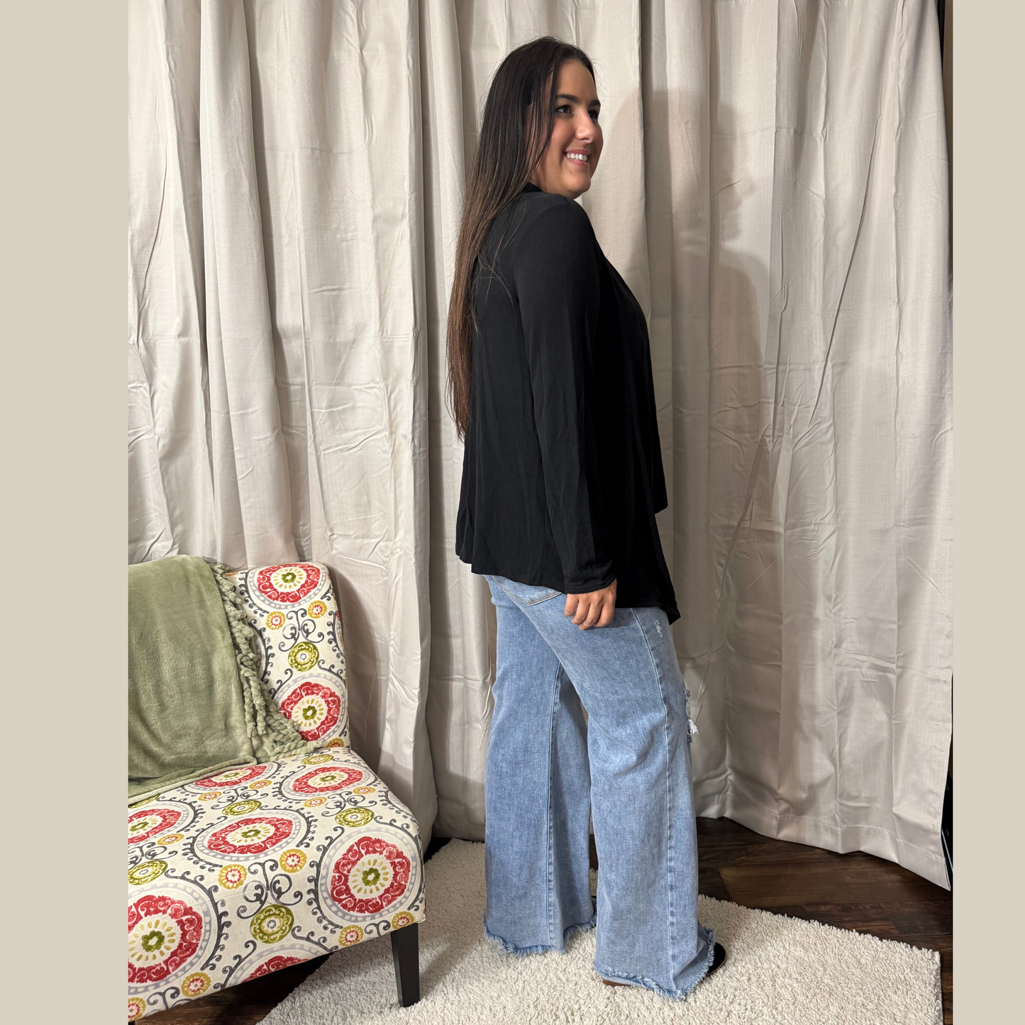 Soft Drape Open Front Black Cardigan