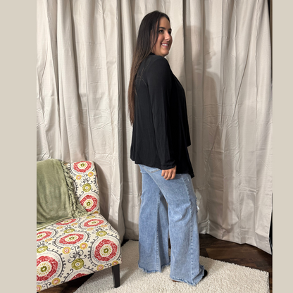 Soft Drape Open Front Black Cardigan
