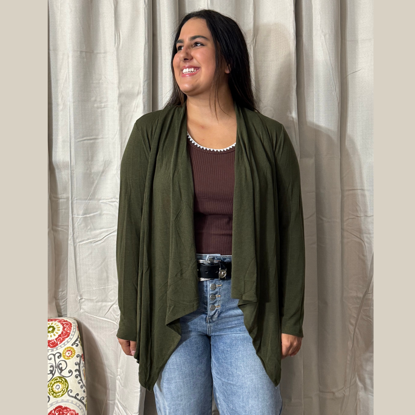 Soft Drape Open Front  Olive Cardigan