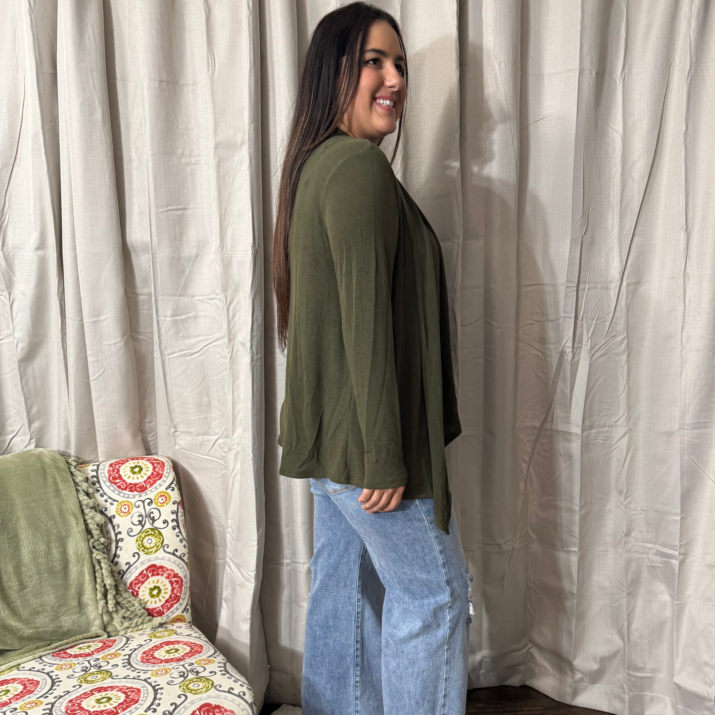 Soft Drape Open Front  Olive Cardigan