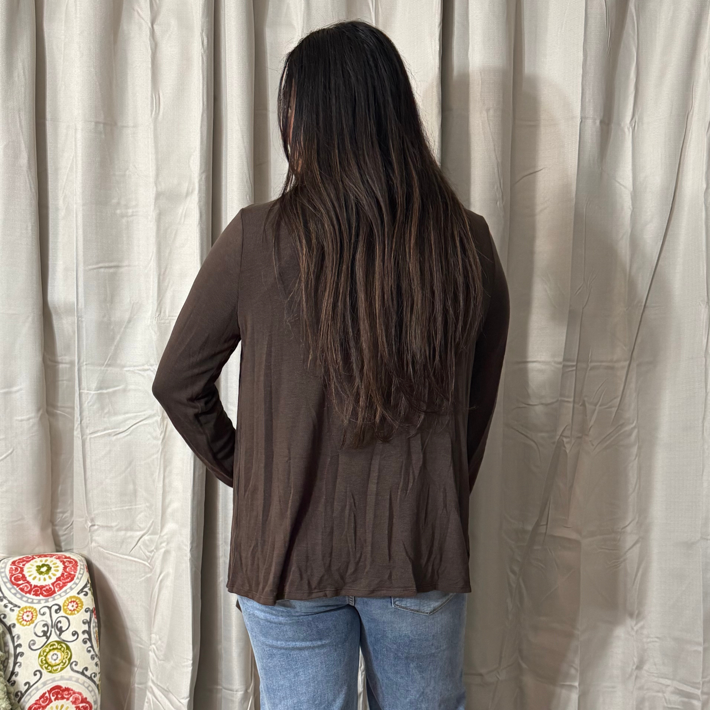 Soft Drape Open Front Chocolate Cardigan