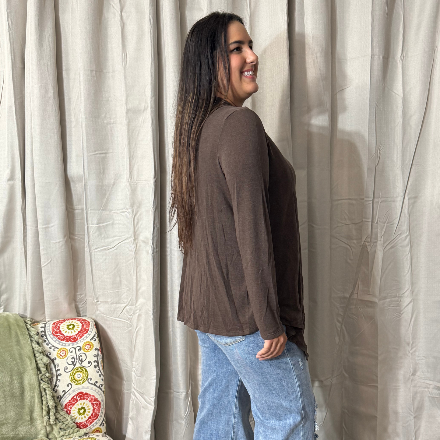 Soft Drape Open Front Chocolate Cardigan