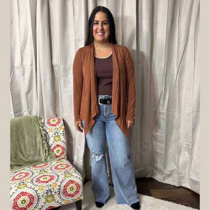 Soft Drape Open Front Rust Cardigan