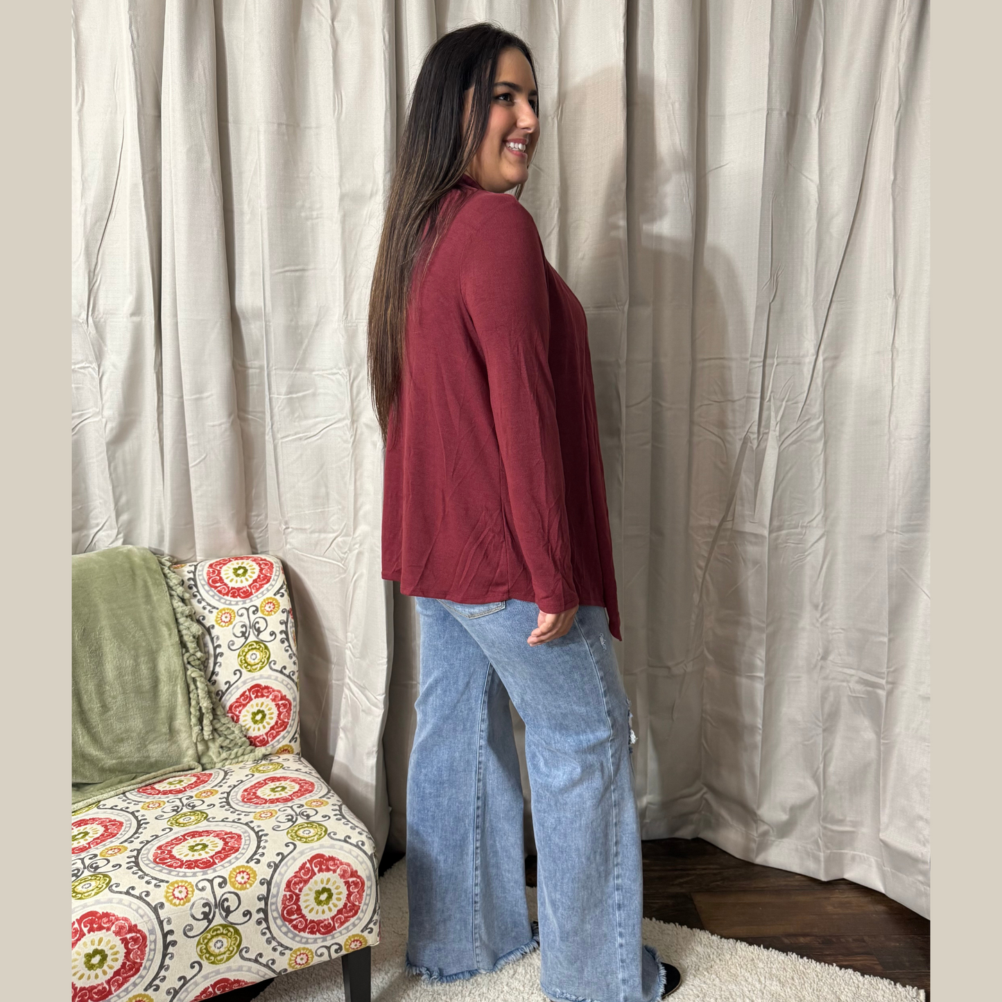Soft Drape Open Front Wine Cardigan