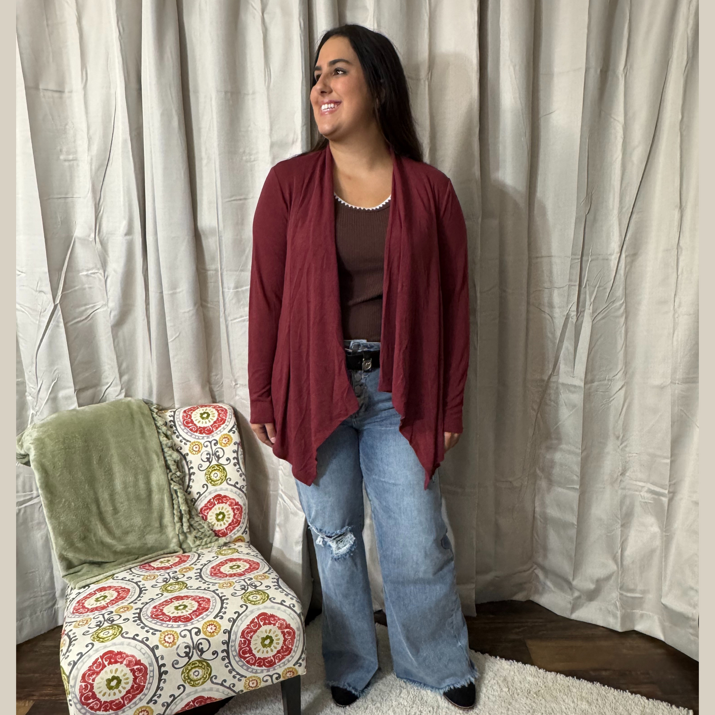 Soft Drape Open Front Wine Cardigan