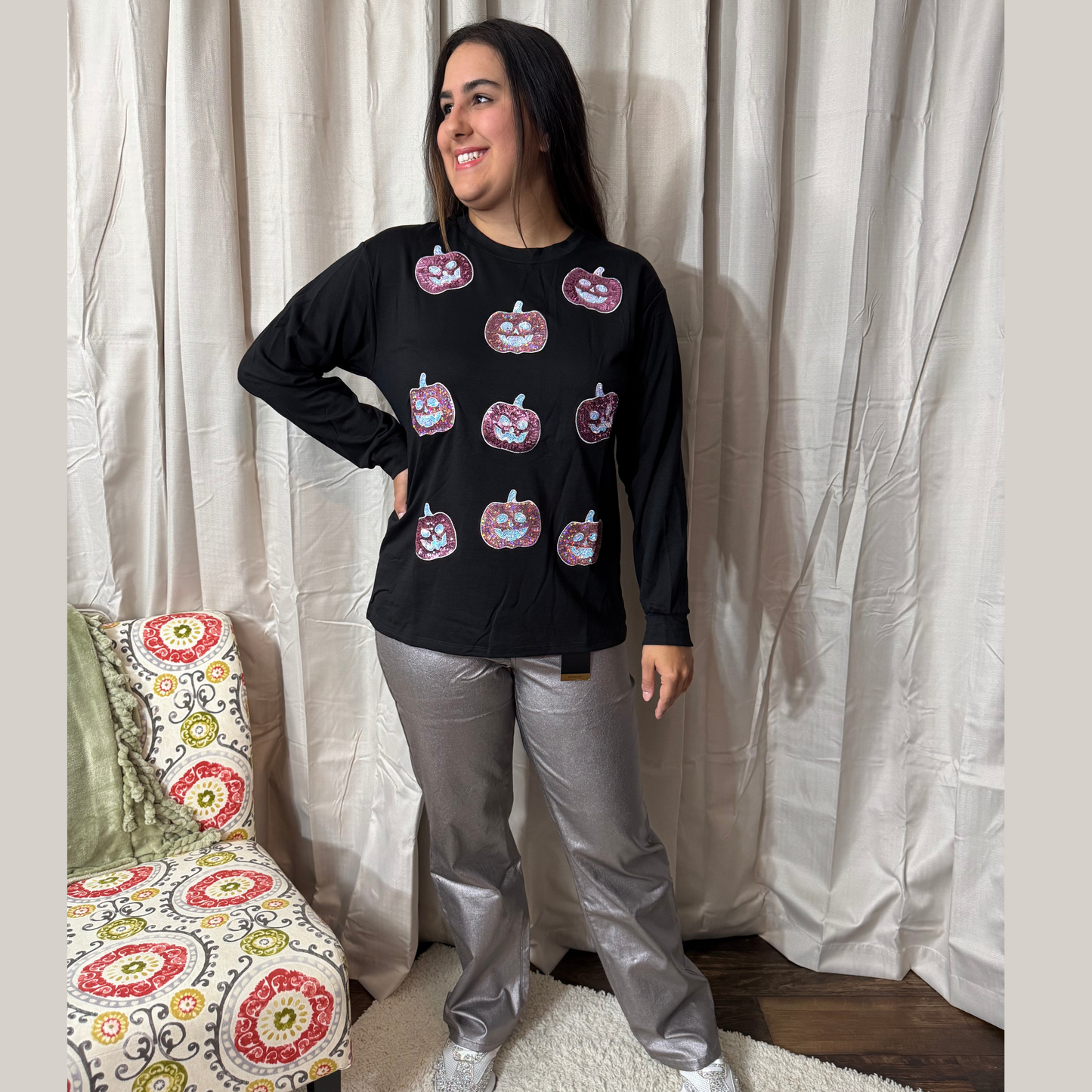 Pumpkin Sequin Long Sleeve Top