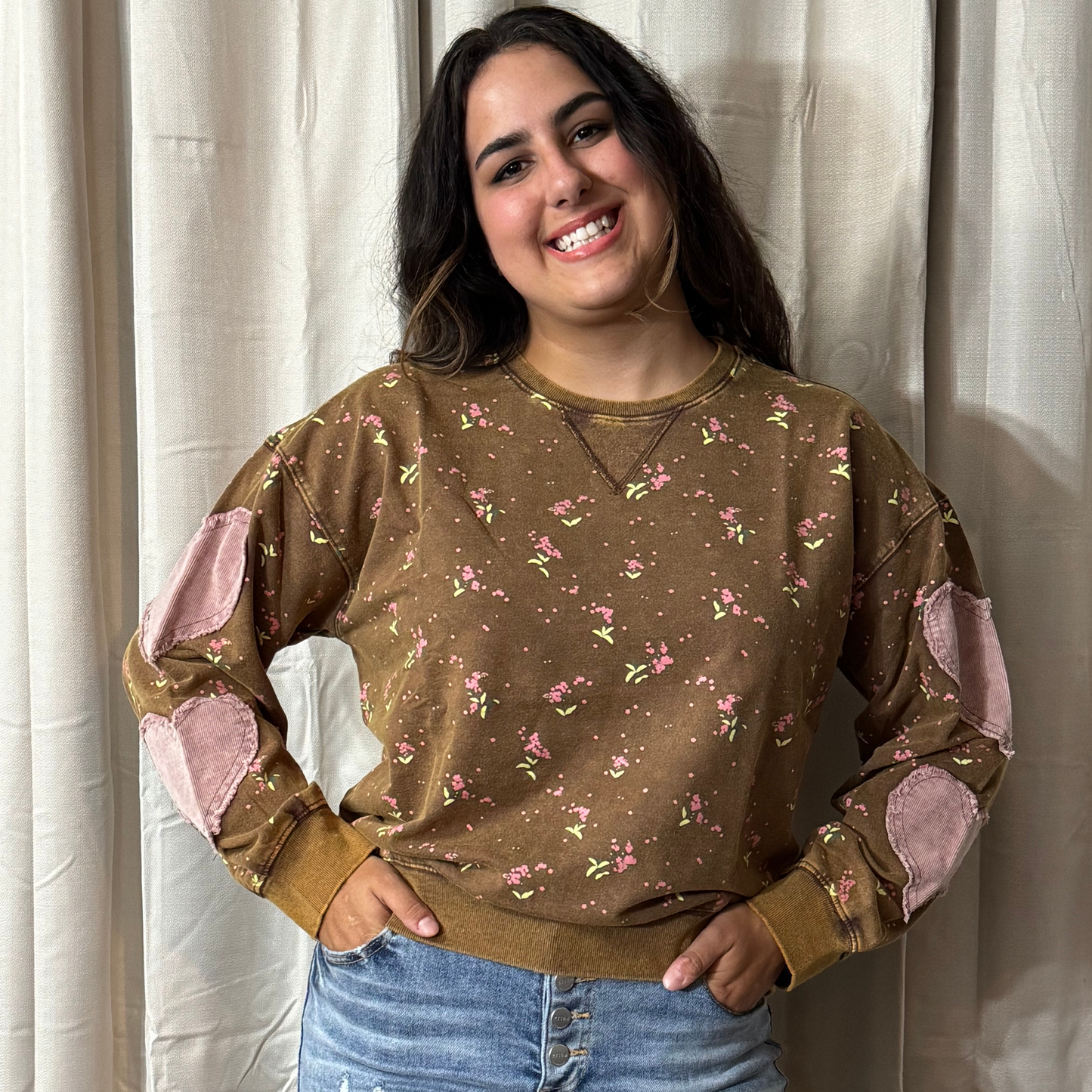 FLORAL PRINTED WASHED TERRY PULLOVER by Easel