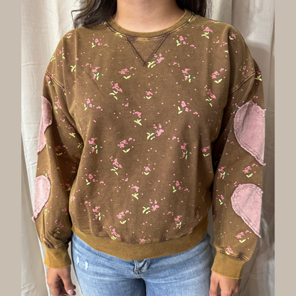 FLORAL PRINTED WASHED TERRY PULLOVER by Easel