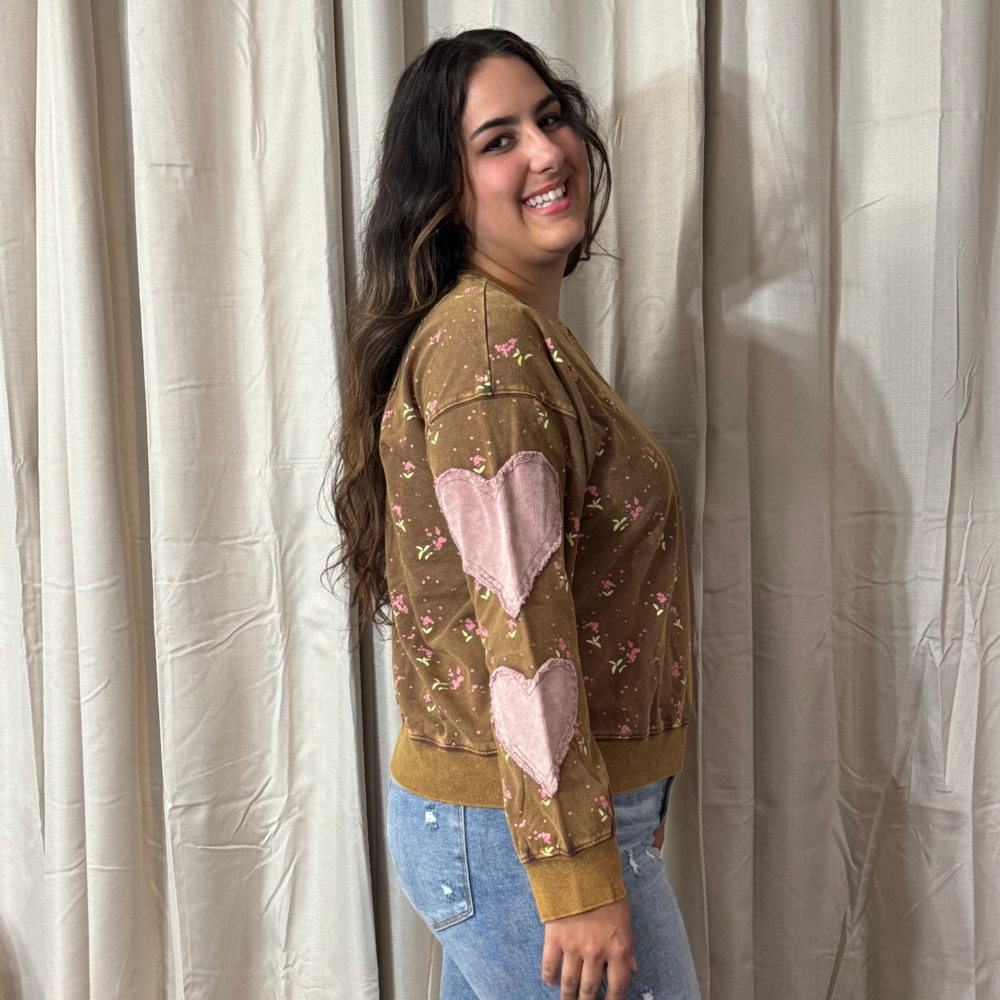 FLORAL PRINTED WASHED TERRY PULLOVER by Easel