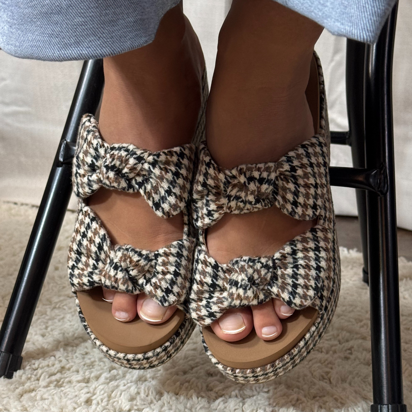 Corky's Black Tan Houndstooth Put A Bow On It Chunky Sandals