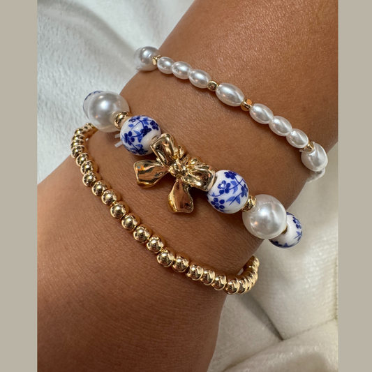 Blue Porcelain Bow Layered Pearl Bracelet