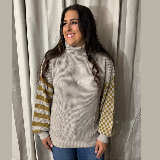 Checkered Mocha Turtle Neck Waffle Knitted Sweater - SV Boutique & Co.