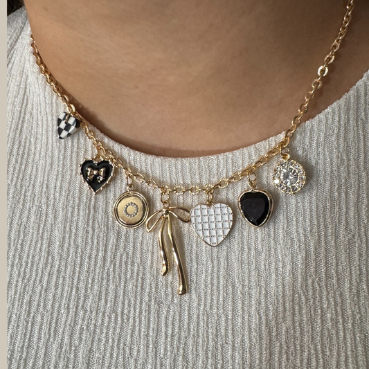 Checkered Heart & Bow Charm Necklace