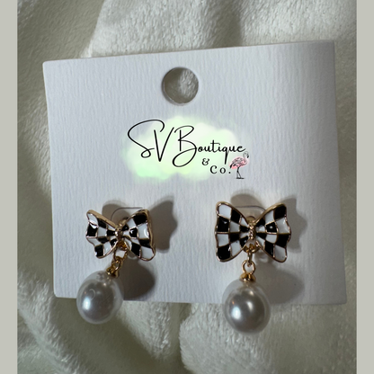 Checker Bow Pearl Drop Earrings