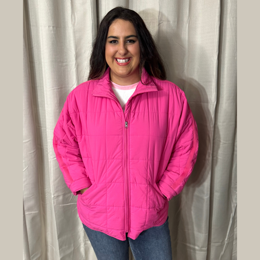 HOT PINK JACKET, LIGHTWEIGHT QUILTED SQUARES - SV Boutique & Co.