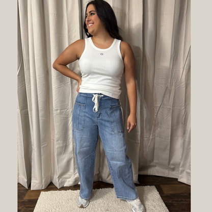 Risen High Rise Crop Wide Barrel Cargo Pocket Pants