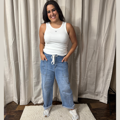 Risen High Rise Crop Wide Barrel Cargo Pocket Pants