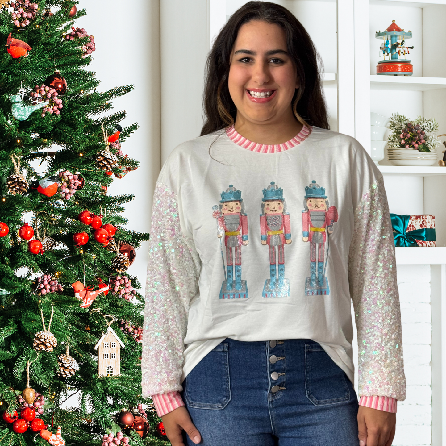 Glittery Nutcrackers on White Top with Sequin Sleeves by Emma+ Grace