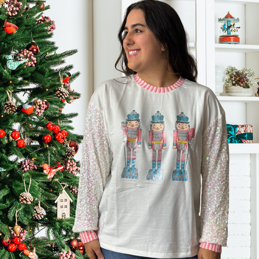 Glittery Nutcrackers on White Top with Sequin Sleeves by Emma+ Grace