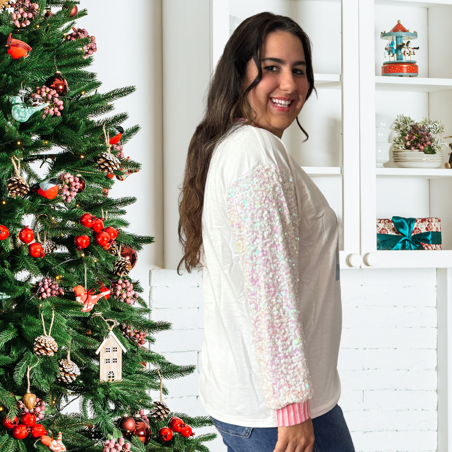Glittery Nutcrackers on White Top with Sequin Sleeves by Emma+ Grace