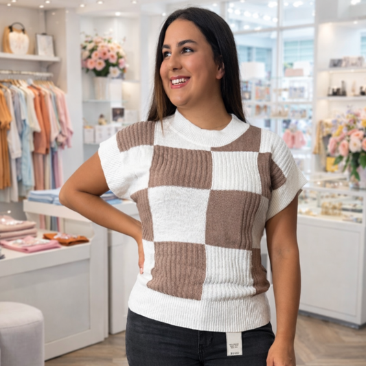 Khaki Checkered Short Sleeve Sweater - SV Boutique & Co.