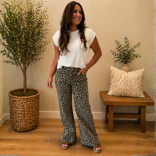 RISEN RUN THE WILD MID RISE WIDE LEG LEOPARD JEANS - SV Boutique & Co.