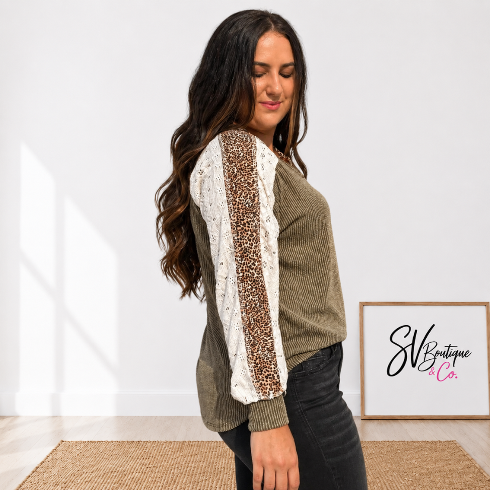 Long Sleeve Olive Leopard Half Button Pullover FINAL SALE - SV Boutique & Co.